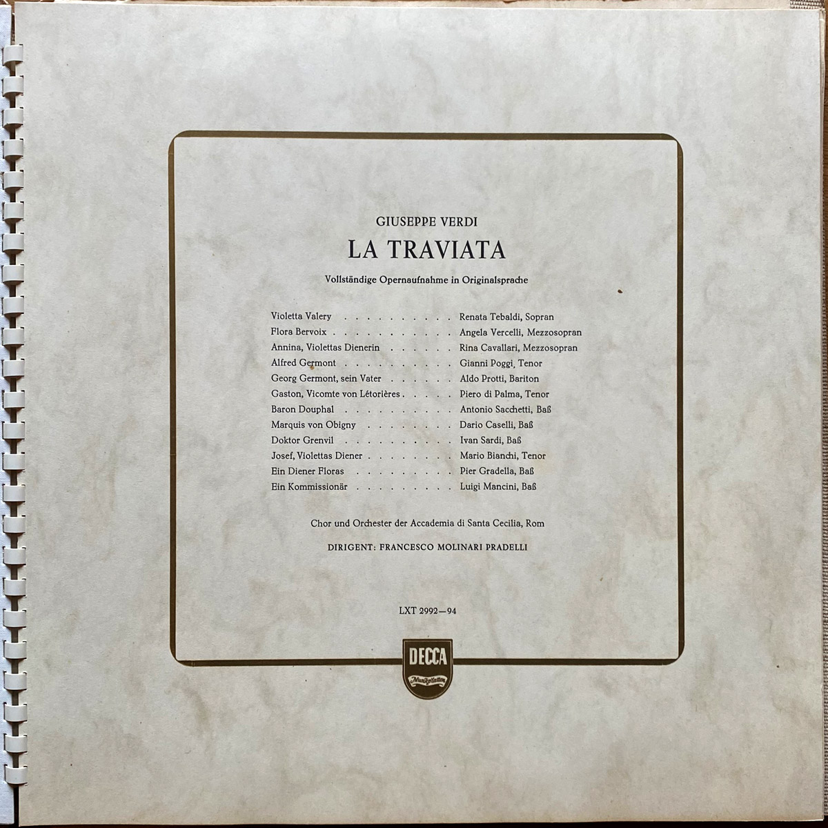 Verdi • La Traviata • LXT 2992/2993/2994 • Renata Tebaldi • Gianni Poggi • Aldo Protti • Orchestra dell'Accademia Nazionale di Santa Cecilia • Francesco Molinari Pradelli