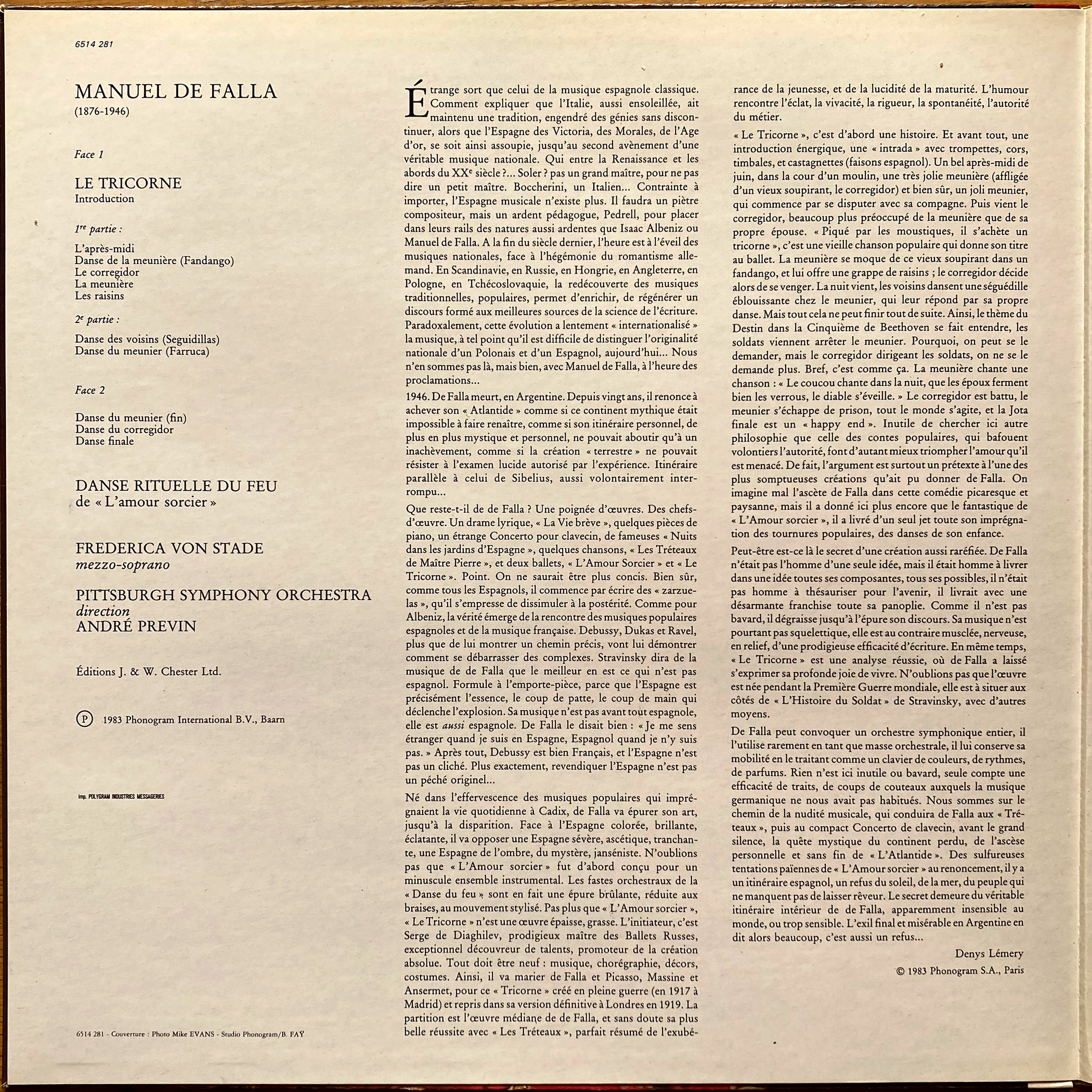 De Falla • Le Tricorne • Danse du feu de l'Amour Sorcier • Philips 6514 281 • Frederica Von Stade • Pittsburgh Symphony Orchestra • André Prévin